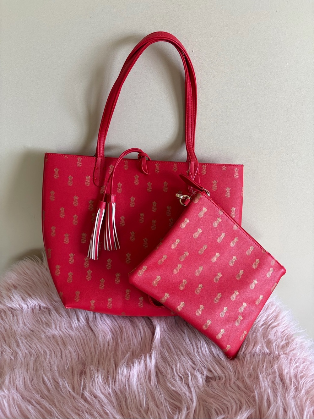 New Red Purse with Gold Pineapple Print Tote Bag with Zip Pouch